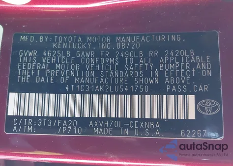 2020 Toyota Camry Le Hybrid from USA, damaged, VIN 4T1C31AK2LU541750